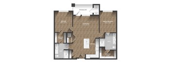 A floor plan of a house with a living area, kitchen, and two bedrooms.