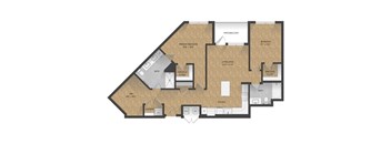 A floor plan of a house with a living area, bedrooms, and bathrooms.