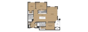 A floor plan of a house with two bedrooms, a living area, a kitchen, a bathroom, a spacious closet, and storage.