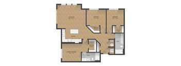 A floor plan of a house with a living area, two bedrooms, a bathroom, a kitchen, and a laundry room.