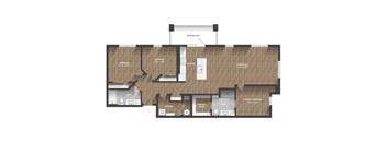 A floor plan of a house with a living area, kitchen, and bathrooms.