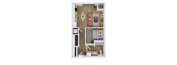 A top-down view of a small apartment with a bed, desk, and kitchenette.