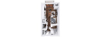A top down view of a small apartment with a kitchen, living room, and bedroom.