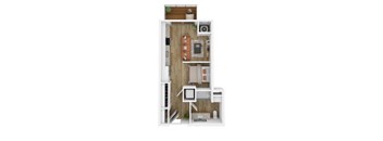 A 3D floor plan of a small apartment with a kitchen, living room, and bedroom.
