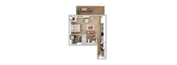 A top-down view of a modern apartment layout.