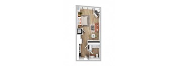A top-down view of a small, neatly organized apartment with a kitchen, living room, and bathroom.