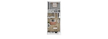 A top-down view of a small apartment with a bedroom, living room, kitchen, and bathroom.