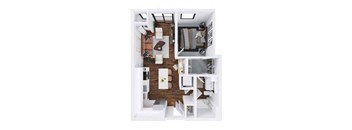 A top-down view of a small apartment with a kitchen, living room, and bedroom.