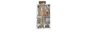 A top-down view of a small apartment with a kitchen, living room, and bedroom.