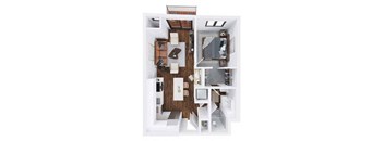 A top down view of a small apartment with a kitchen, living room, and bedroom.