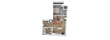 A top-down view of a small apartment with a bedroom, living room, and kitchen.