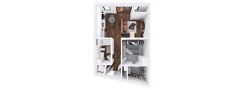 A dollhouse with a white frame and a brown wood panel wall.