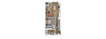 A top down view of a small apartment with a bedroom, living room and kitchen.