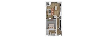 A top-down view of a small apartment with a bedroom, living room, and kitchen area.