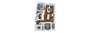 A dollhouse living room with a couch, coffee table, and television.