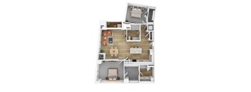 A top-down view of a small apartment with a living room, kitchen, and bedroom.