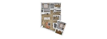 A 3D floor plan of a small apartment with a kitchen, living room, and bedroom.
