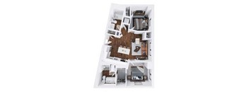 A top-down view of a small apartment with a living room, kitchen, and bedroom.