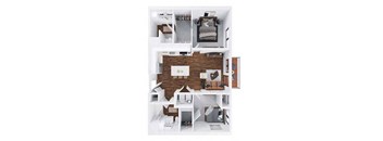 A top-down view of a small apartment with a living room, kitchen, and bedroom.