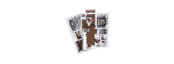 A top-down view of a house layout with a kitchen, living room, and two bedrooms.