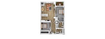 A top-down view of a small apartment with a kitchen, living room, and bedroom.