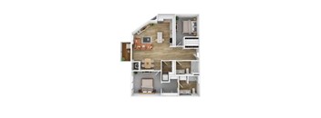 A top-down view of a small apartment with a kitchen, living room, and bedroom.
