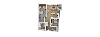 A top-down view of a small apartment with a kitchen, living room, and bedroom.