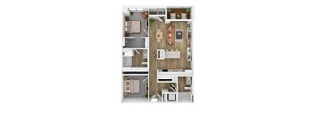 A top-down view of a small apartment with a kitchen, living room, and bedroom.