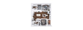 A white dollhouse with a brown brick wall and furniture.