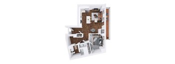 A 3D floor plan of a house with a kitchen, living room, and two bedrooms.