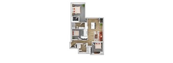 A floor plan of a house with a kitchen, living room, and two bedrooms.