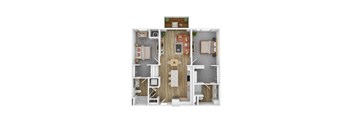 A top-down view of a two-bedroom apartment with a living room, kitchen, and bathroom.