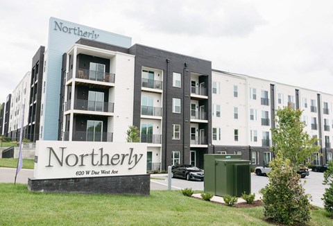 Apartment complex named Northerly with a sign in front.