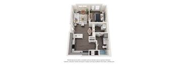 A 3D floor plan of a house with a kitchen, living room, dining room, and two bedrooms.