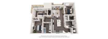 A 3D floor plan of a house with a kitchen, living room, and two bedrooms.