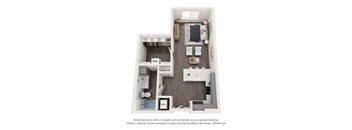 A 3D floor plan of a small apartment with a kitchen, living room, and bathroom.