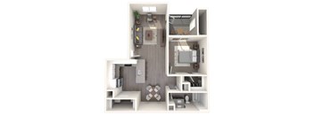 A 3D floor plan of a small apartment with a kitchen, living room, and bathroom.