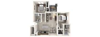 A 3D floor plan of a small apartment with a kitchen, living room, and bedroom.