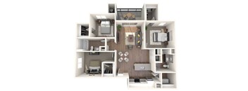 A 3D floor plan of a house with multiple rooms.