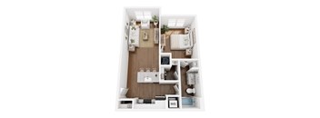 A top-down view of a small apartment with a kitchen, living room, and bathroom.
