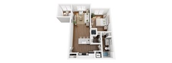 A top-down view of a small apartment with a kitchen, living room, and bathroom.