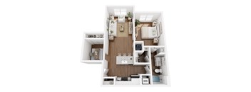 A top-down view of a small apartment layout with a kitchen, living room, and bathroom.