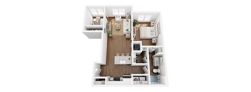 A top-down view of a modern, minimalist apartment with a kitchen, living room, and bedroom.