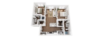 A top-down view of a well-organized, modern apartment with a kitchen, living room, and bedrooms.