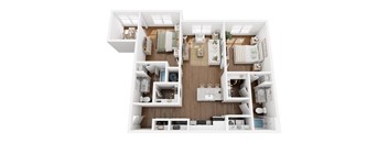 A top-down view of a small apartment with a kitchen, living room, and two bedrooms.