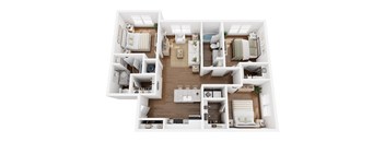 A top-down view of a well-organized apartment with a kitchen, living room, and bedrooms.