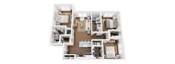 A top-down view of a well-organized apartment with multiple rooms and furniture.