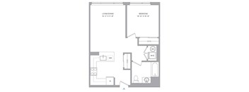 A floor plan of a small apartment with a living room, bedroom, and bathroom.