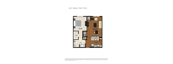 A floor plan of a 1 bedroom, 1 bath unit with a living room, kitchen, and bathroom.