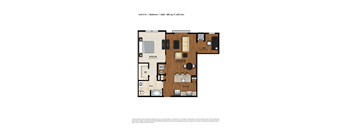 A floor plan of a one bedroom apartment with a den.